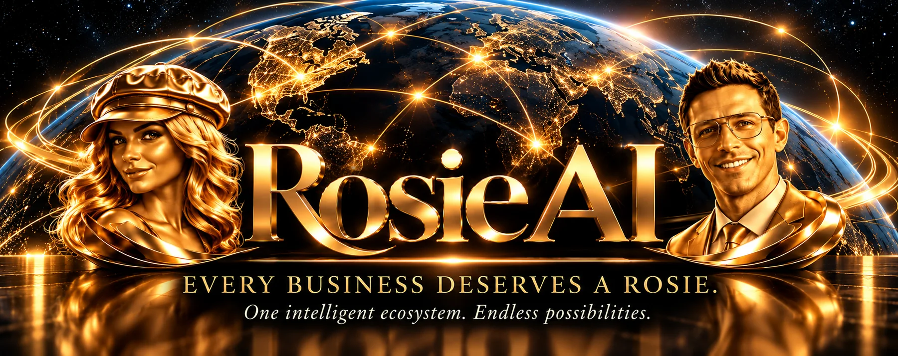 Rosie AI globe and founders golden brand film art