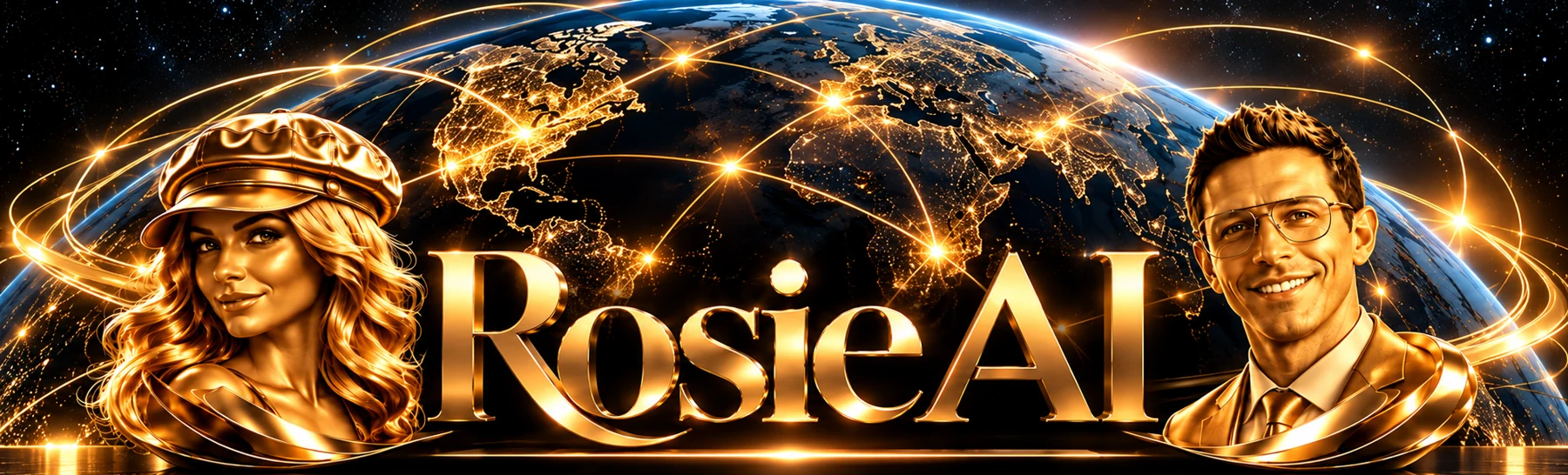 Gold Rosie AI founders and illuminated connected globe