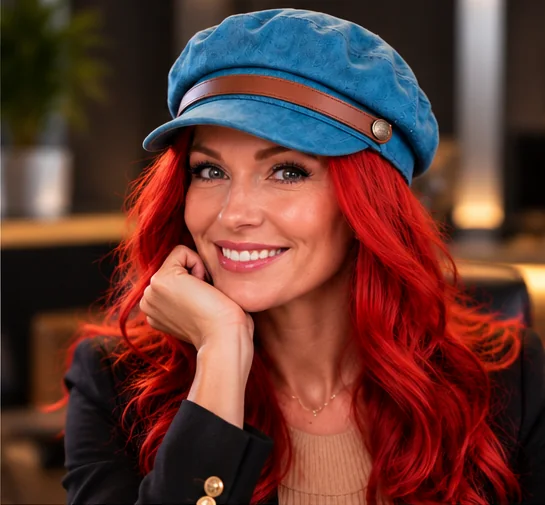 Steph smiling in her blue newsboy cap