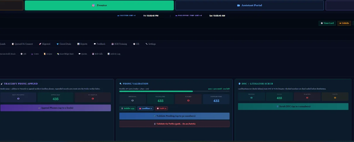 Technical preview screenshot of lead validation workspace